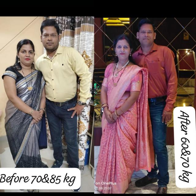 Couple transformation — before 70kg and 85kg, after 60kg and 70kg